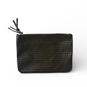 Large Black Woven Leather Zipper Pouch – Silver Metal w/ 2 Pouches